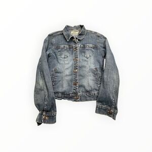 Clash Jeans Denim Jacket Women XL Blue Trucker Button Front Stretch Classic XL‎